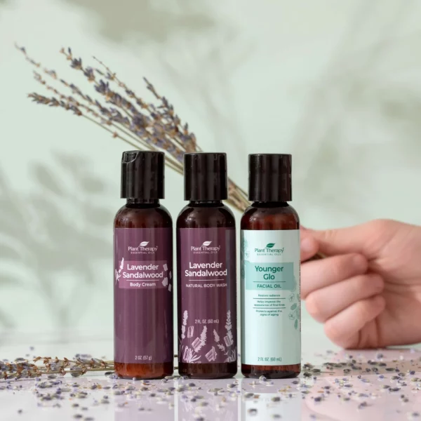 薰衣草檀香身體護理旅行套組正面圖，包含薰衣草檀香身體乳霜 2oz、薰衣草檀香天然沐浴露 2oz、年輕煥采臉部精華油 2oz。