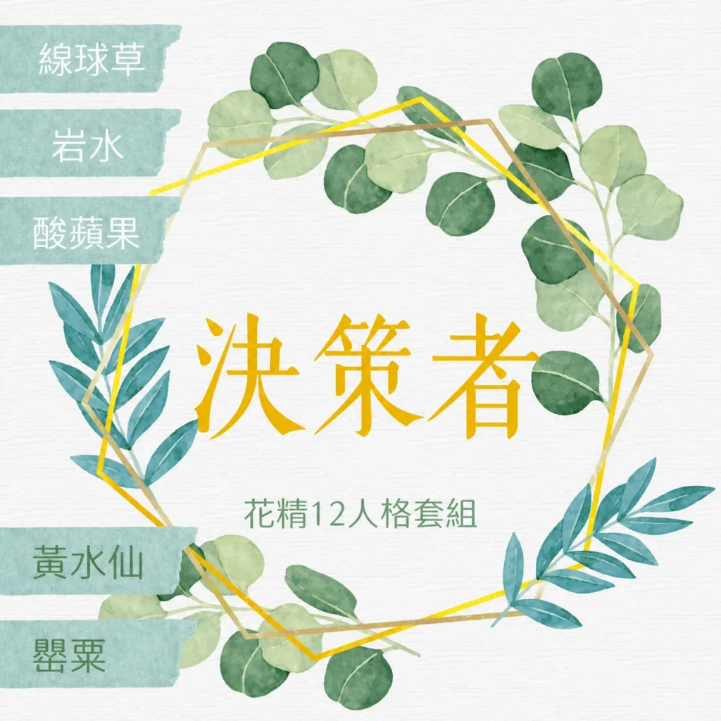 花精12人格套組決策者，含線球草、岩水、酸蘋果、黃水仙與罌粟