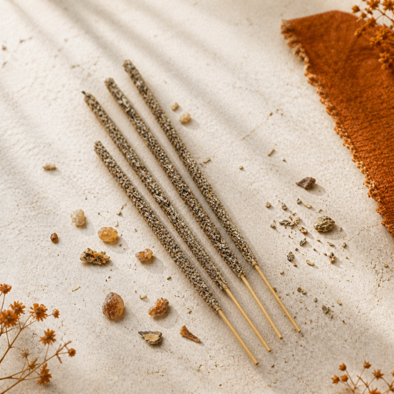 Soul Sticks 手工裹製線香,一端保留未裹香粉的竹籤香腳